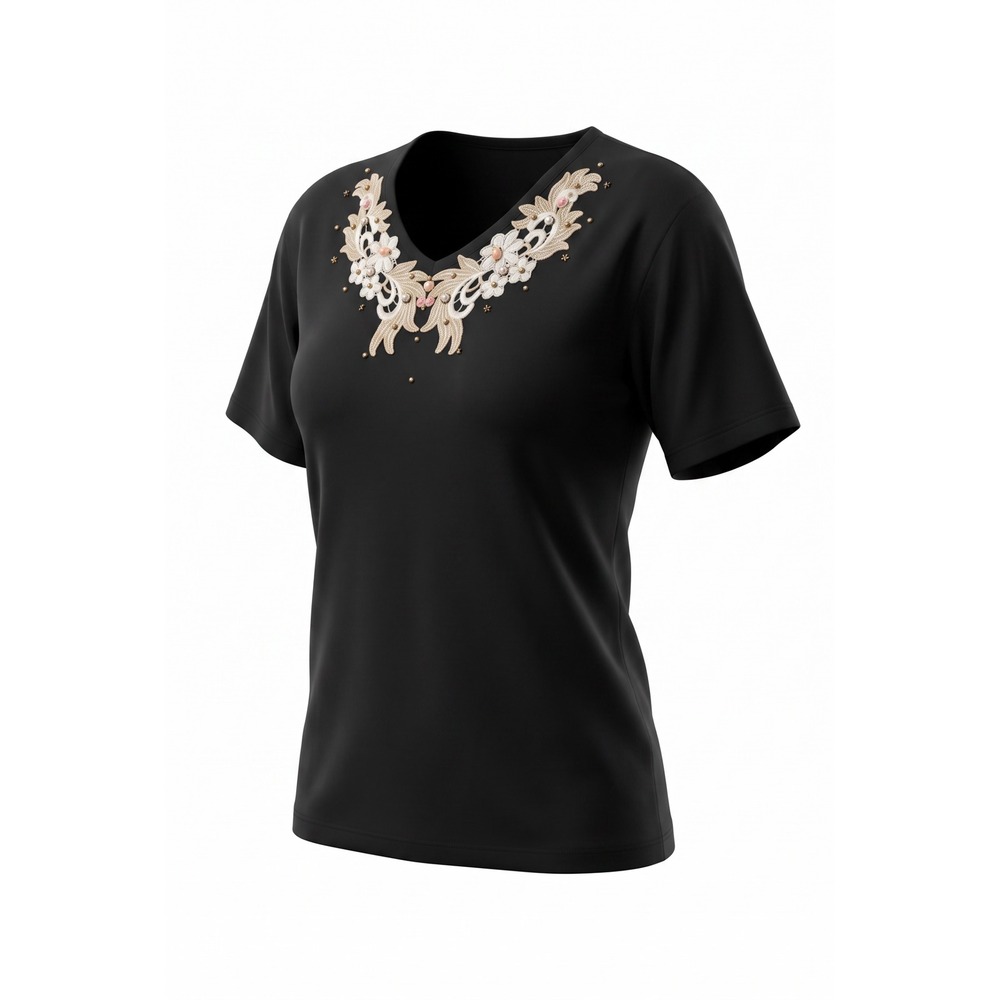 Vintage Cactus California Black V-Neck T-Shirt Floral Lace Rhinestone Studded L